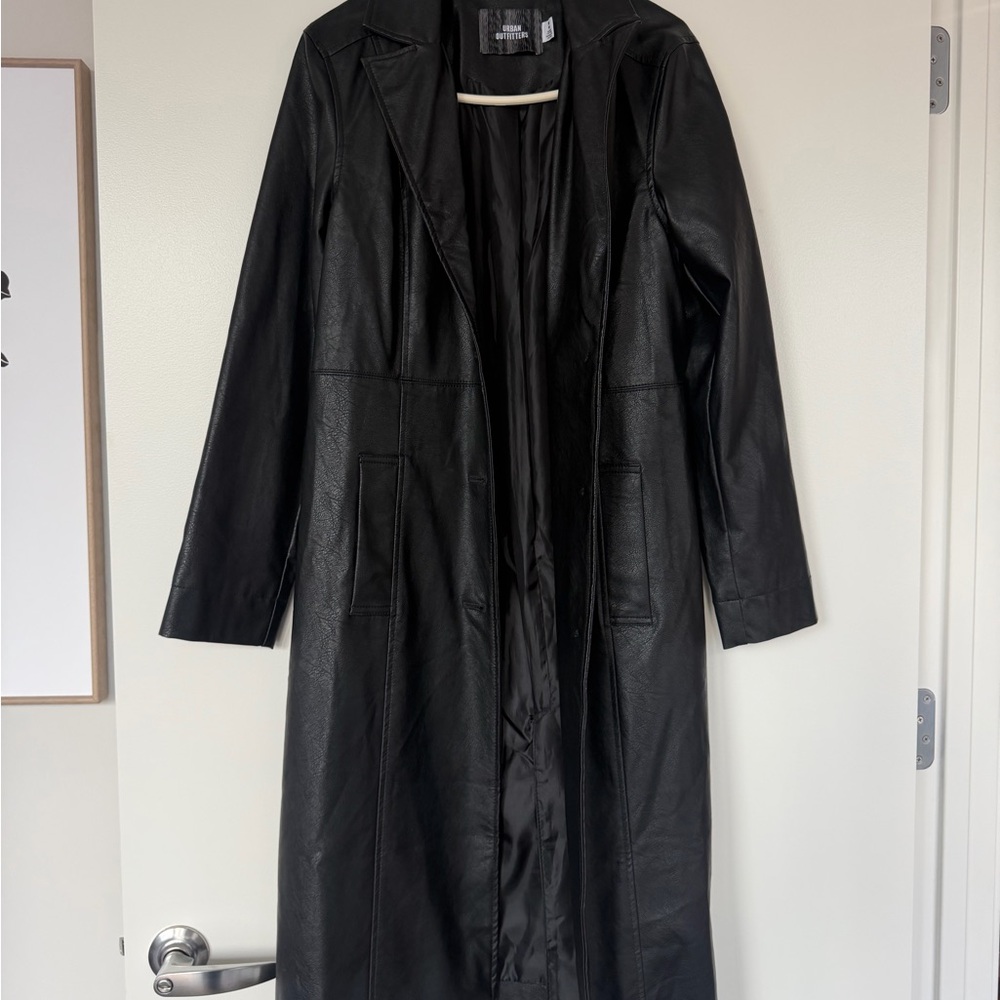 Urban Outfitters Black Faux Leather Long Trench Coat